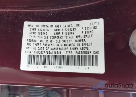 2016 Honda Accord Ex z USA, uszkodzony, nr VIN 1HGCR2F76GA149506